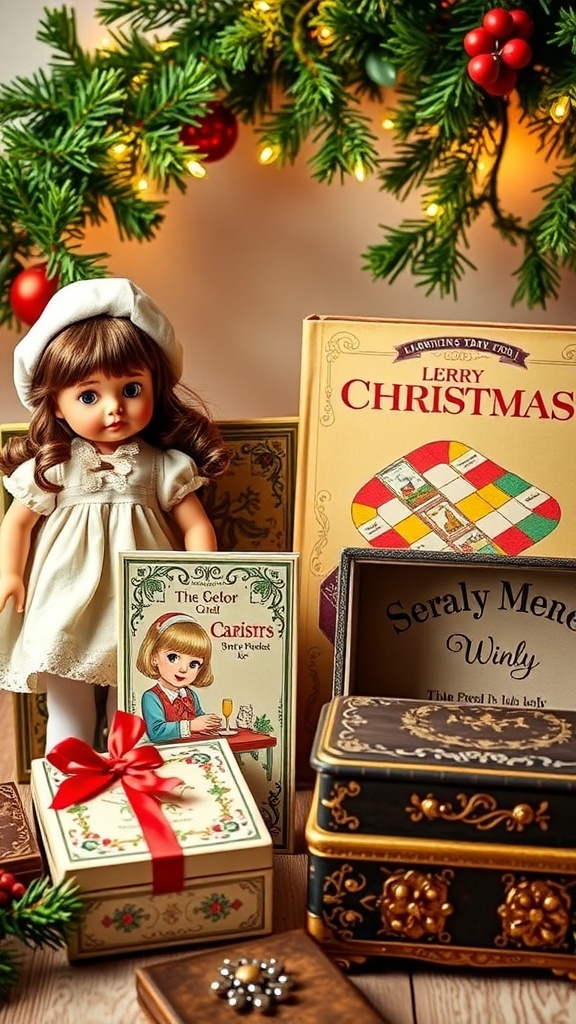 A vintage Christmas wishlist with a doll, board game, storybook, and jewelry box, set against a festive background.